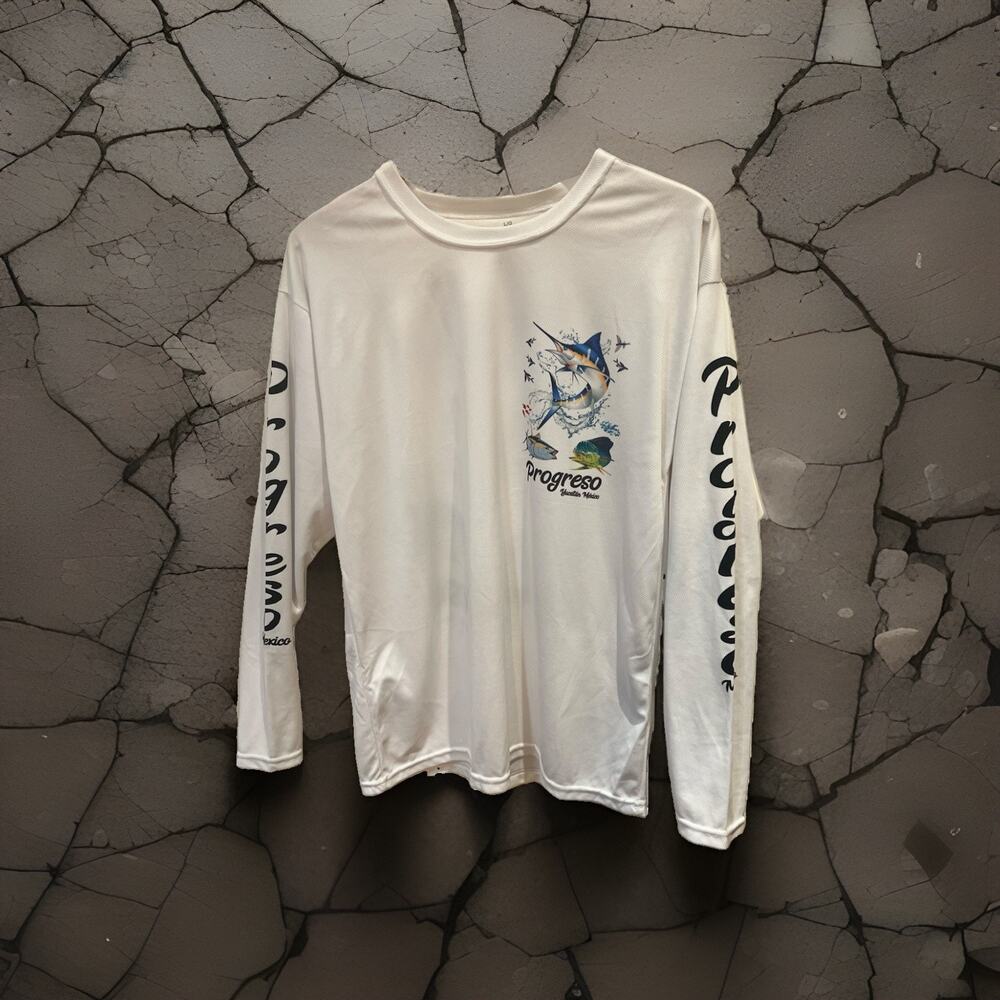 Progreso Yucatan Mexico Fishing Shirt Long Sleeve Performance White Men's LARGE